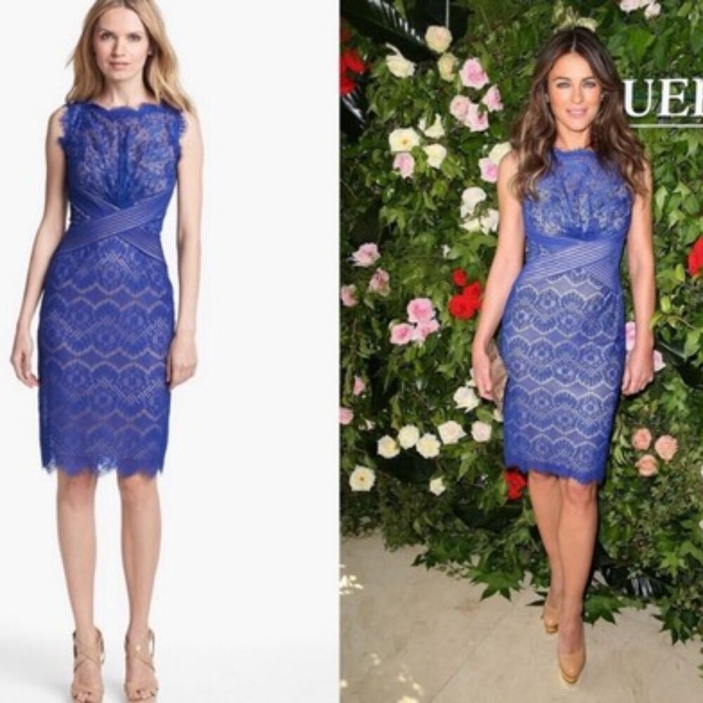 Tadashi Shoji Chantilly Lace Knee Length Formal Dress Size 6 Royal Blue EUC